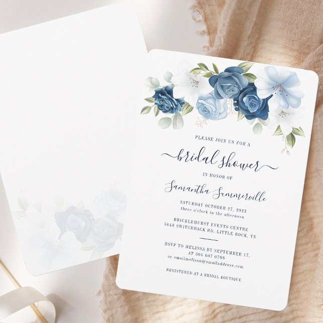 Invitación Watercolor Floral Bridal Shower (Dusty Blue Floral Elegant RC Bridal Shower Invitation)