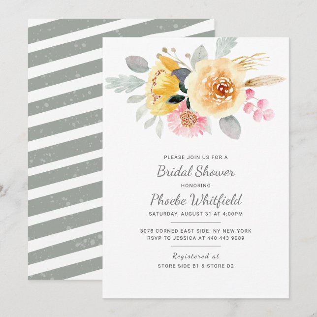 Invitación Watercolor Floral Bridal Shower Moderno (Anverso / Reverso)