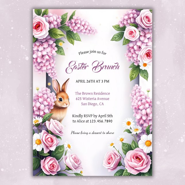 Invitación Watercolor Floral Bunny Easter Brunch (Elegant Floral Easter Brunch Invitation with Bunny)