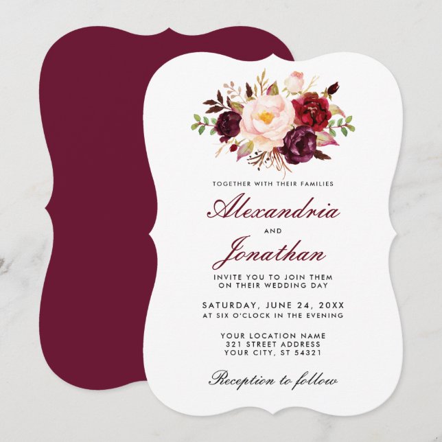 Invitación Watercolor Floral Burgundy Boda BR (Anverso / Reverso)