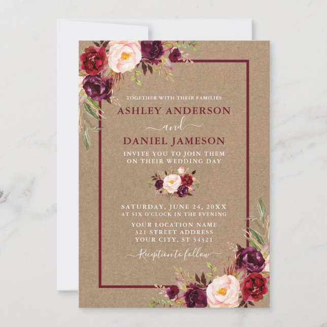Invitación Watercolor Floral Burgundy Boda Kraft (Anverso)