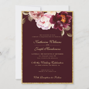 Invitación Watercolor Floral Burgundy Bouquet Romance Boda