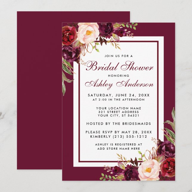 Invitación Watercolor Floral Burgundy Bridal Shower (Anverso / Reverso)