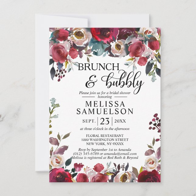 Invitación Watercolor Floral Burgundy Brunch Bridal Shower (Anverso)