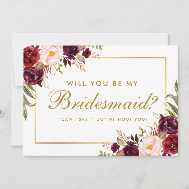Invitación Watercolor Floral Burgundy Gold Bridesmaid (Anverso)