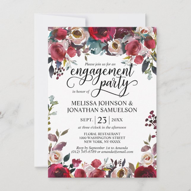 Invitación Watercolor Floral Burgundy Merlot Party (Anverso)