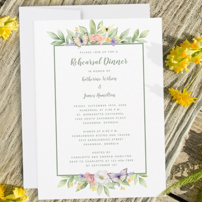 Invitación Watercolor Floral Butterflies Ensayo Cena (Watercolor Floral Butterflies Rehearsal Dinner Invitation)