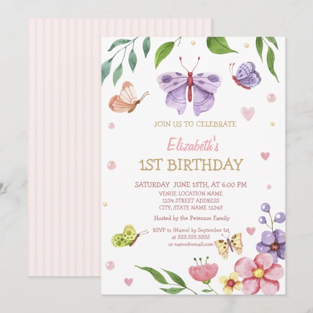 Invitación Watercolor Floral Buttetrfly Strike Birday (Anverso / Reverso)