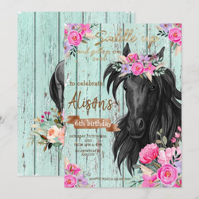Invitación Watercolor Floral Caballo vaquero (Anverso / Reverso)