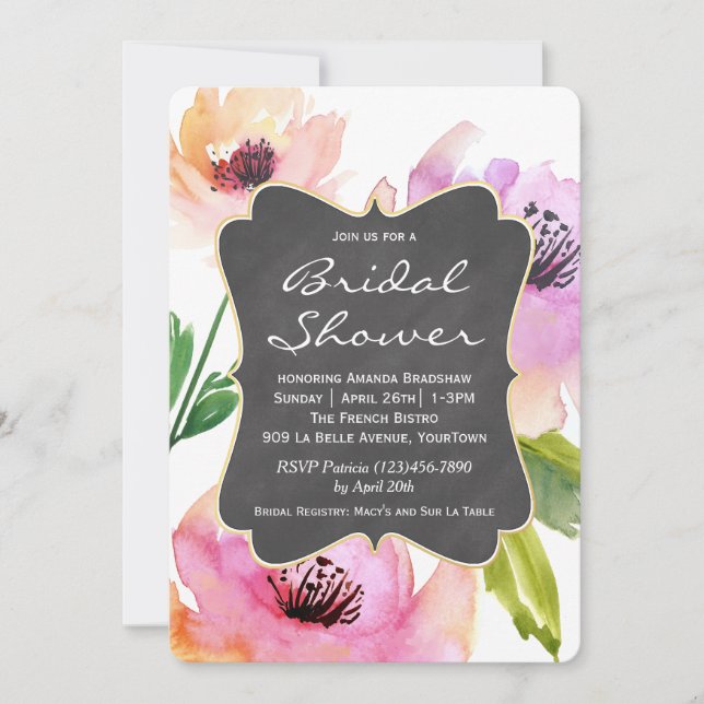 Invitación Watercolor Floral Chalkboard Bridal Shower (Anverso)