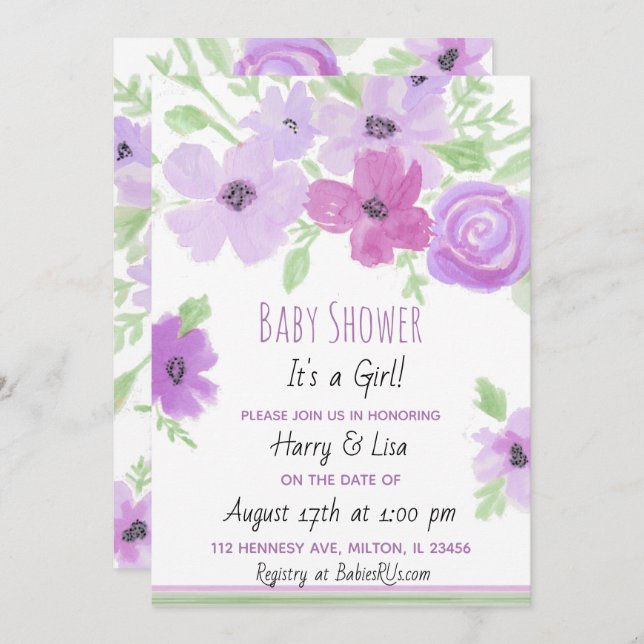 Invitación Watercolor Floral Chica Baby Shower (Anverso / Reverso)