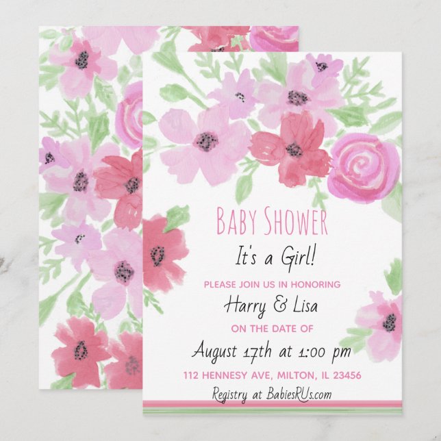 Invitación Watercolor Floral Chica Baby Shower (Anverso / Reverso)
