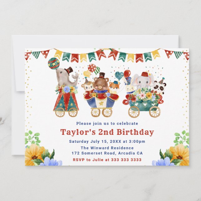 Invitación Watercolor Floral Circus Animals (Anverso)