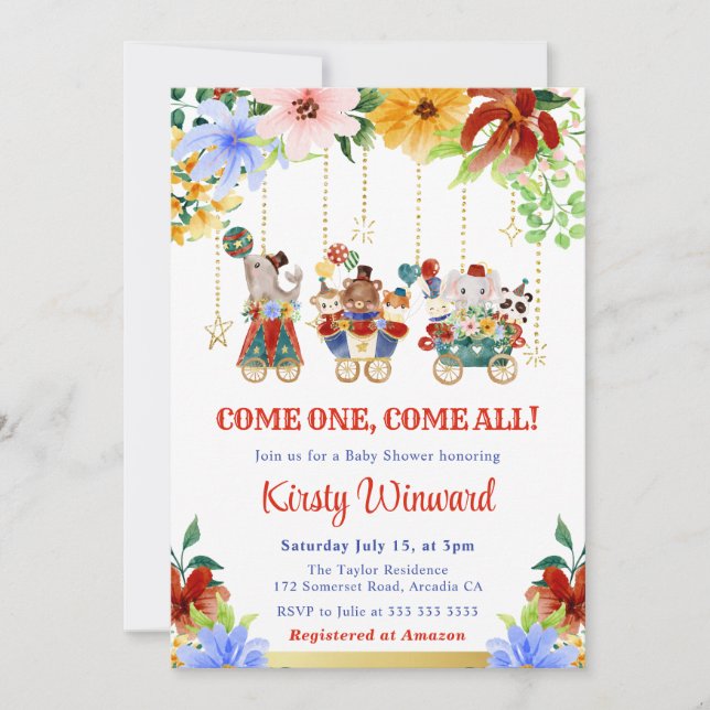 Invitación Watercolor Floral Circus Animals Baby Shower (Anverso)