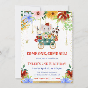 Invitación Watercolor Floral Circus Animals Fiesta de cumplea