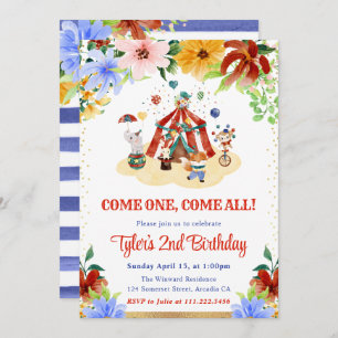 Invitación Watercolor Floral Circus Animals Fiesta de cumplea