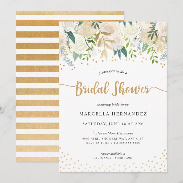 Invitación Watercolor Floral Confetti Gold Bridal Shower (Anverso / Reverso)