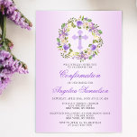 Invitación Watercolor Floral CONFIRMATION Purple Lavender<br><div class="desc">Delicate floral wreath CONFIRMATION invitations for girl. Pastel lavender purple violet rose with ombre background. Greenery, leaf watercolor floral wreath with lavender, violet, plum flowers and cross with faux diamond in middle. Affordable but not cheap looking! Perfect for your daughter's ceremony. These template cards can be edited with your information....</div>
