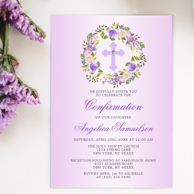 Invitación Watercolor Floral CONFIRMATION Purple Lavender (Subido por el creador)