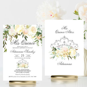 Invitación Watercolor Floral Crema Rosa Marfil Quinceañera