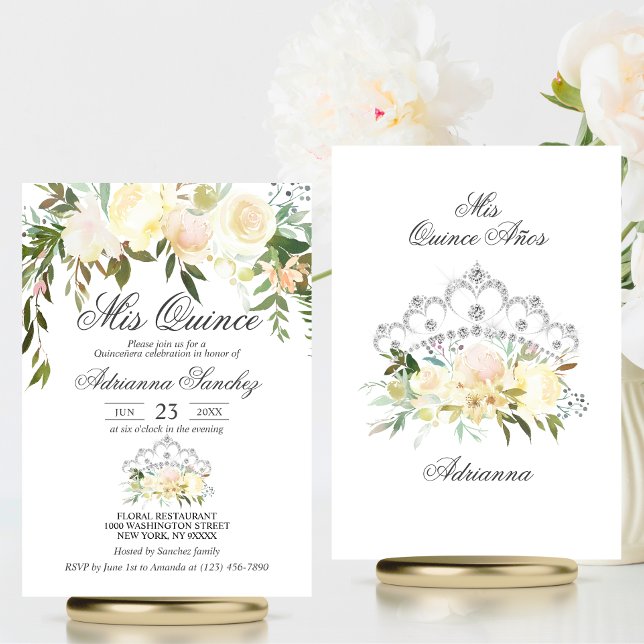 Invitación Watercolor Floral Crema Rosa Marfil Quinceañera (Watercolor Floral Pink Cream Ivory Quinceañera Invitation | Mis Quince)