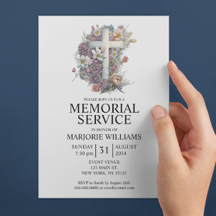 Invitación Watercolor Floral Cross Elegance Memorial Service