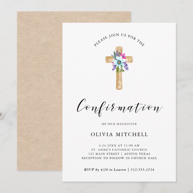 Invitación Watercolor Floral Cross Kraft Look | Confirmación (Anverso / Reverso)