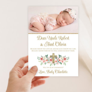 Invitación Watercolor Floral Cruz Bebé Niña Madrina