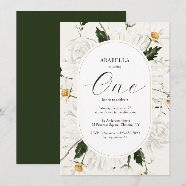 Invitación Watercolor Floral Daisies Primer Fiesta de cumplea (Anverso / Reverso)