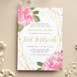 Invitación Watercolor Floral Dorado Bat Mitzvah<br><div class="desc">Una bella acuarela rosa floral Bat Mitzvah plantilla de invitación. Este elegante diseño cuenta con flores de color rosa acuático,  marcos geométricos en oro falso y borde purpurina de confeti.</div>