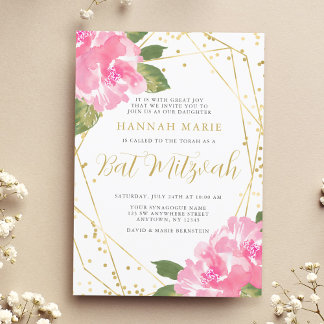 Invitación Watercolor Floral Dorado Bat Mitzvah