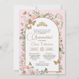 Invitación Watercolor Floral Dorado Mariposa Quinceañera