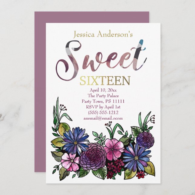 Invitación Watercolor Floral Dulce Botánico Dieciséis (Anverso / Reverso)