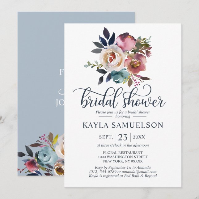 Invitación Watercolor Floral Dusty Azul Rosa Bridal Shower (Anverso / Reverso)