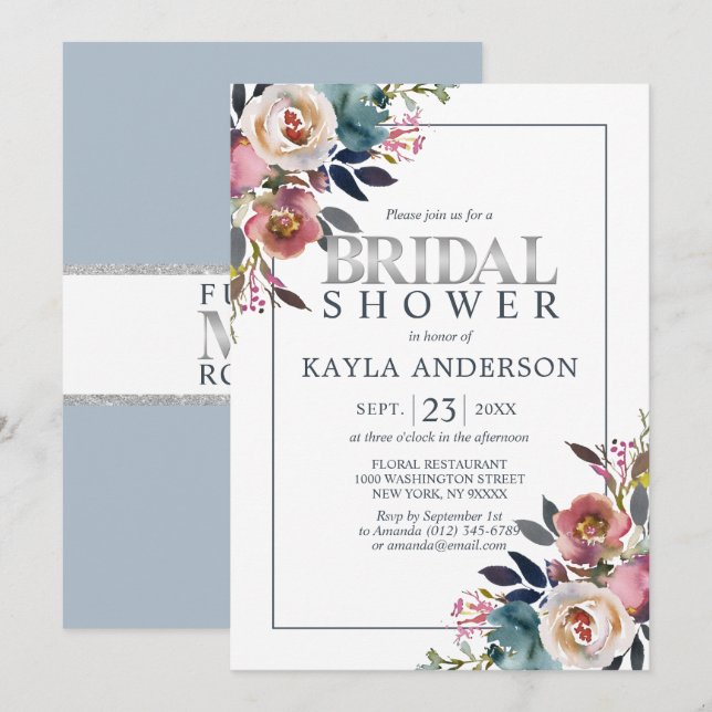 Invitación Watercolor Floral Dusty Azul Rosa Bridal Shower (Anverso / Reverso)