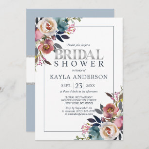 Invitación Watercolor Floral Dusty Azul Rosa Bridal Shower