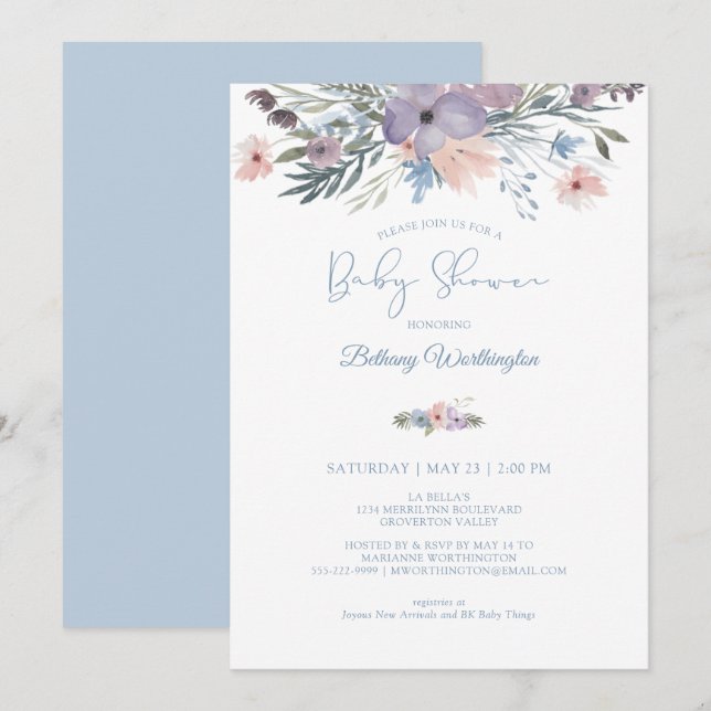 Invitación Watercolor Floral Dusty Blue Violet Baby Shower (Anverso / Reverso)