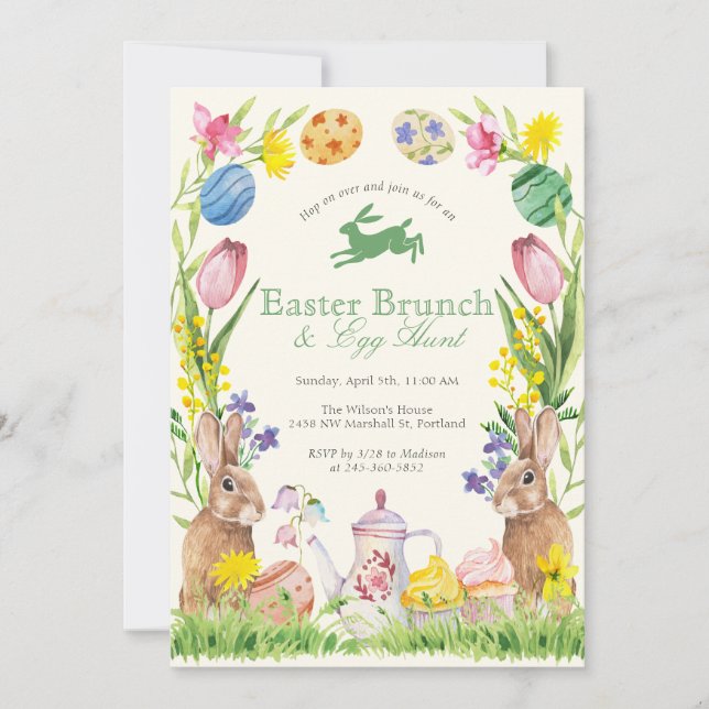 Invitación Watercolor Floral Easter Brunch Egg Bunny Teapot (Anverso)
