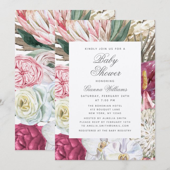Invitación Watercolor Floral Elegante Baby Shower (Anverso / Reverso)