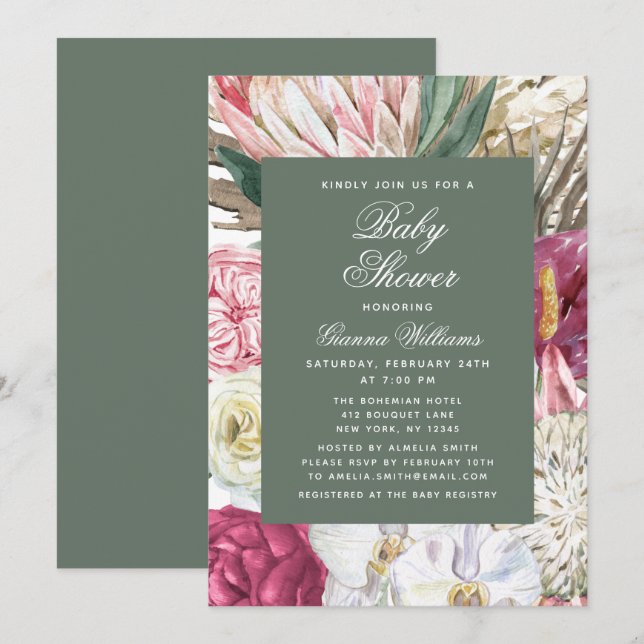 Invitación Watercolor Floral Elegante Baby Shower (Anverso / Reverso)