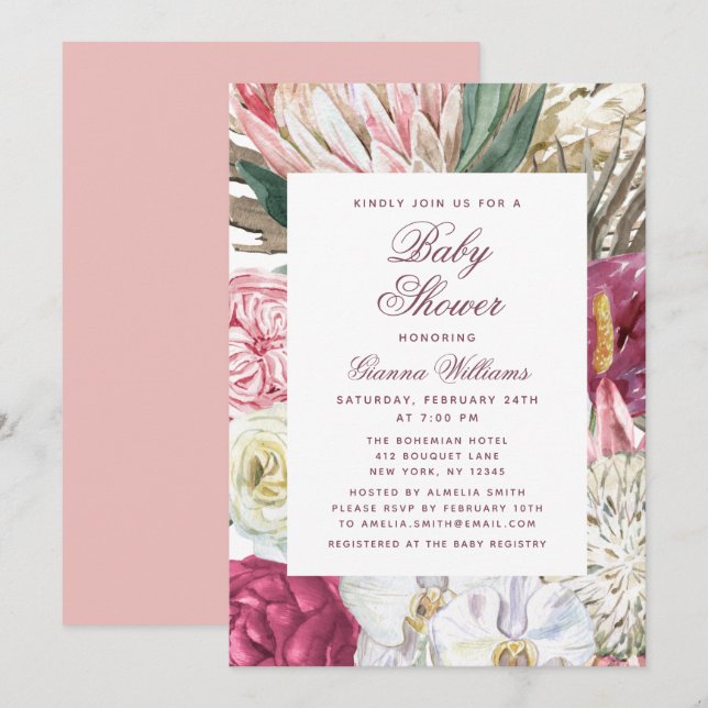 Invitación Watercolor Floral Elegante Baby Shower (Anverso / Reverso)