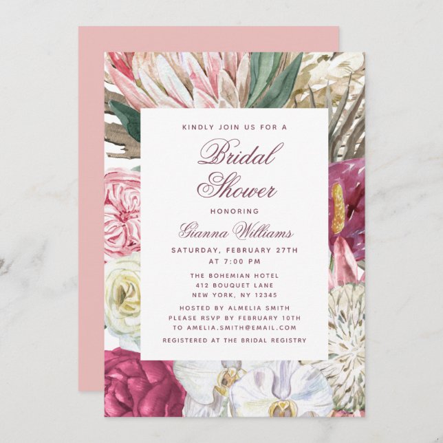 Invitación Watercolor Floral Elegante Ducha Bridal (Anverso / Reverso)