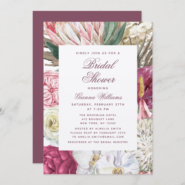 Invitación Watercolor Floral Elegante Ducha Bridal (Anverso / Reverso)