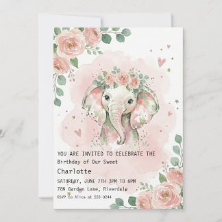 Invitación Watercolor Floral Elephant Girl Birthday