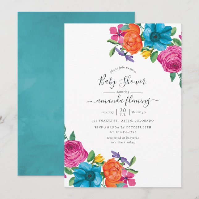 Invitación Watercolor Floral Fiesta Baby Shower (Anverso / Reverso)