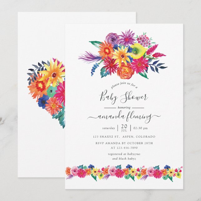 Invitación Watercolor Floral Fiesta Baby Shower (Anverso / Reverso)