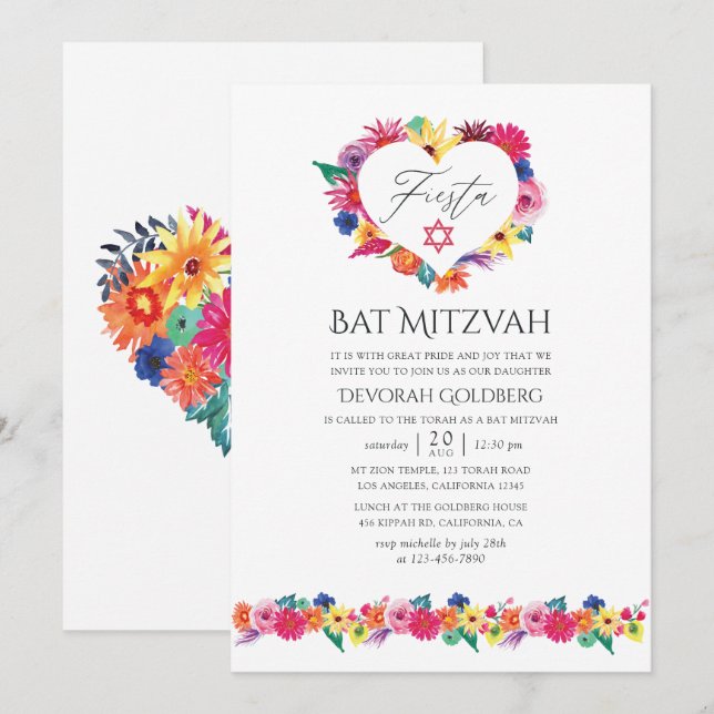 Invitación Watercolor Floral Fiesta Bat Mitzvah (Anverso / Reverso)