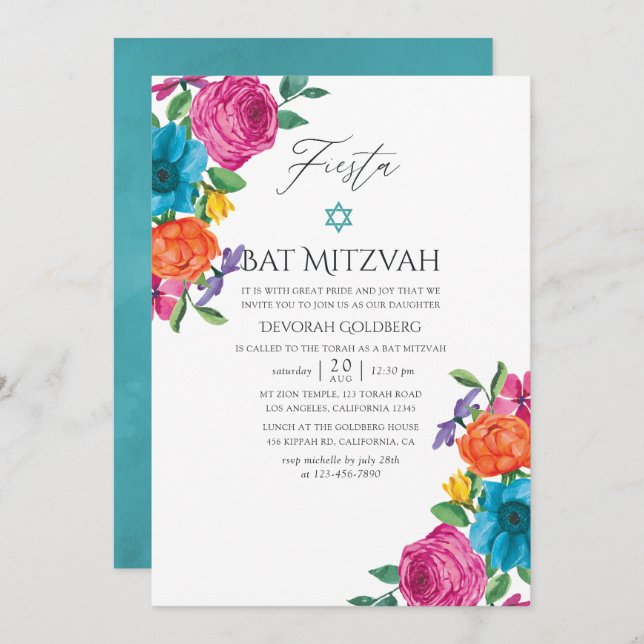 Invitación Watercolor Floral Fiesta Bat Mitzvah (Anverso / Reverso)