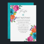 Invitación Watercolor Floral Fiesta Bat Mitzvah<br><div class="desc">Mimzvah de murciélago de fiesta floral de color acuático invito con tipografía de escritura a mano y lavado de color turquesa a la inversa diseñado para ser rápida y fácilmente adaptado a las especificaciones de tu evento.</div>
