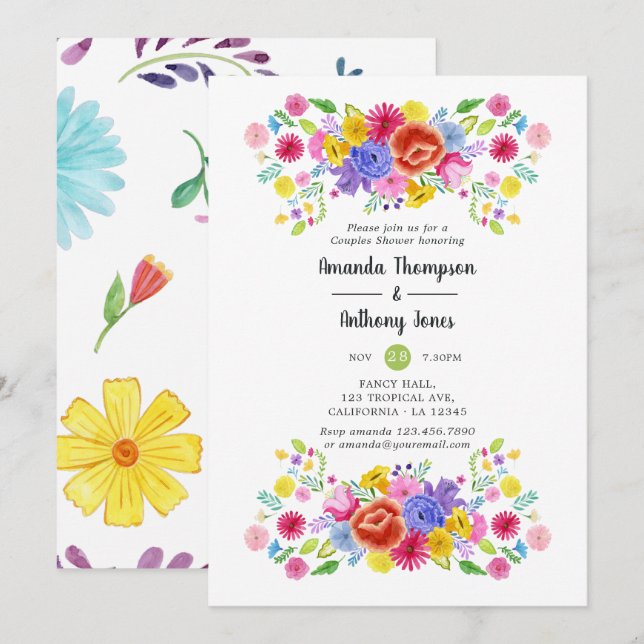 Invitación Watercolor Floral Fiesta Parejas Ducha (Anverso / Reverso)